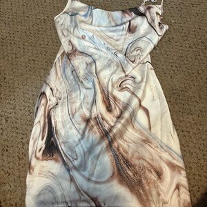 SHEIN Asymmetrical Marble Print Dress - Cream and Brown